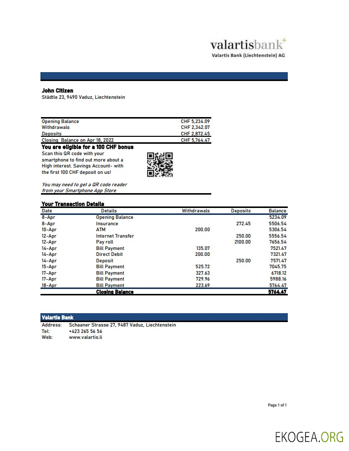 Relevé bancaire Liechtenstein Valartis